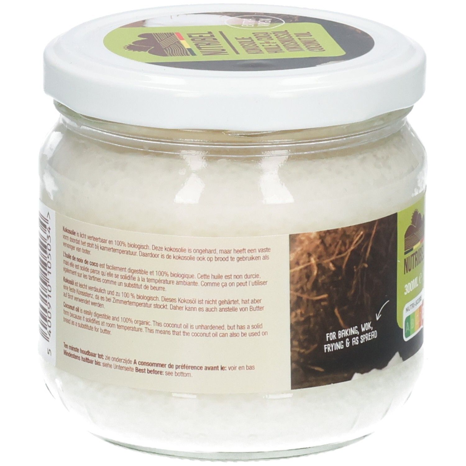 Vue arrière du pot d'huile de coco. Texte sur l'étiquette. Vegan, Bio, Raw. Date de péremption.