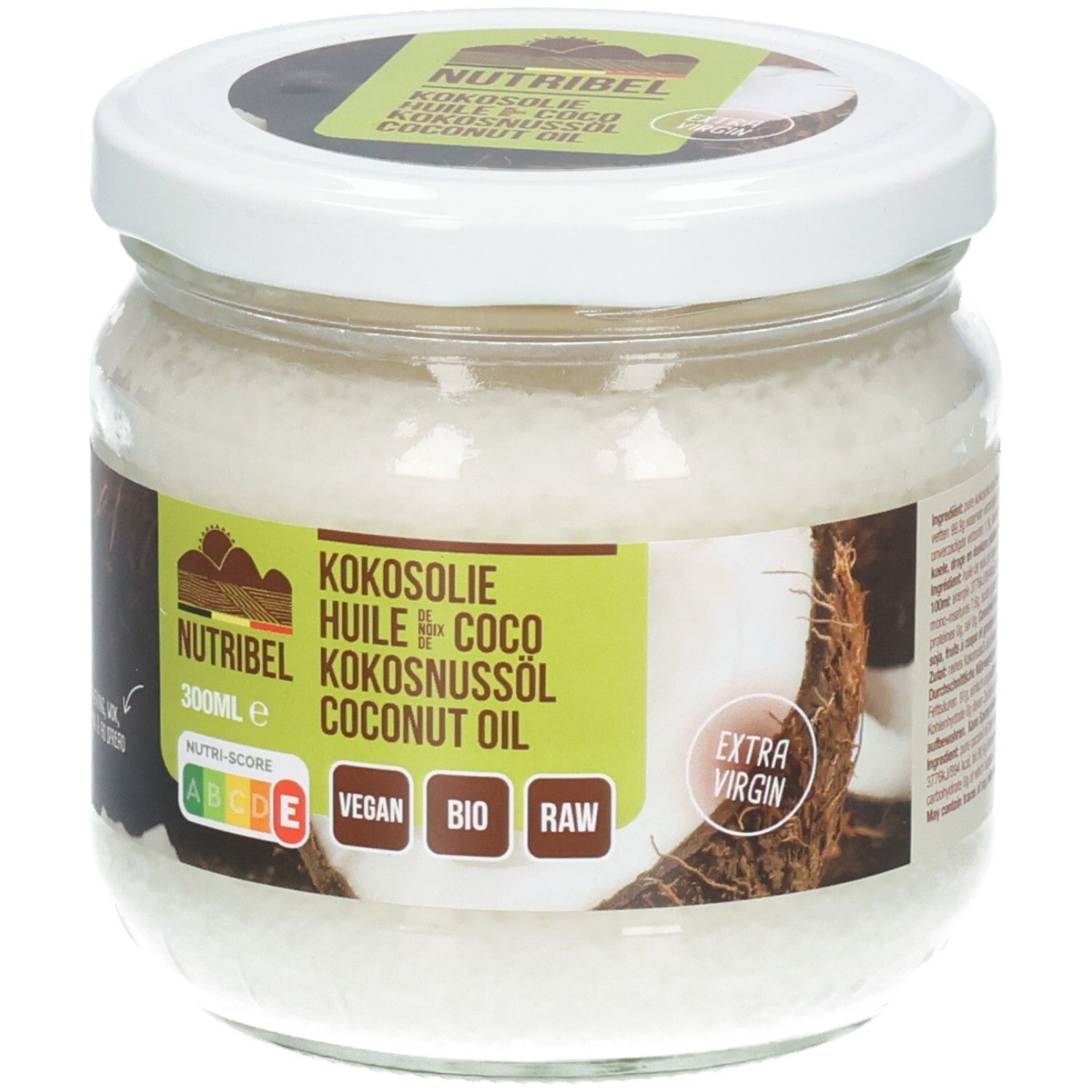 Pot de verre d'huile de coco. Couvercle blanc, étiquette avec nom du produit et logos. Vegan, Bio, Raw.