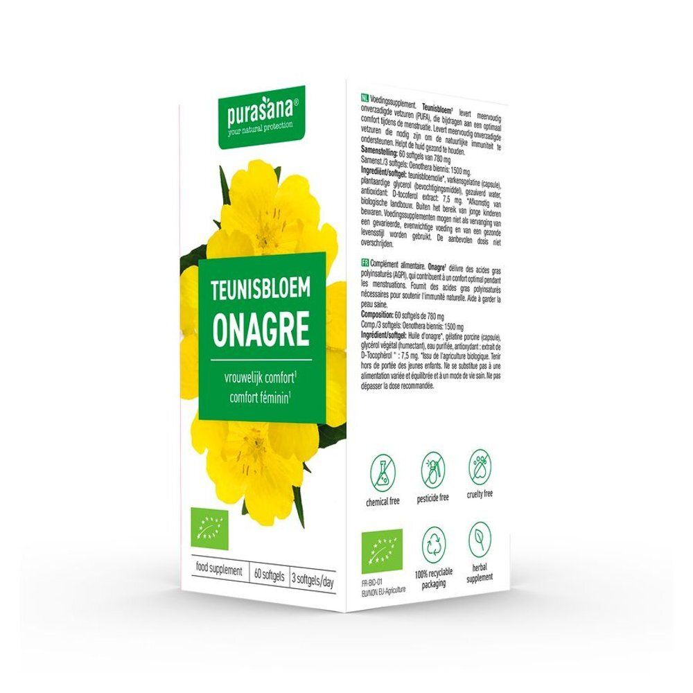 Kartonnen verpakking met productinformatie. Opschrift: Teunisbloem Onagre, bio-certificering, 60 softgels, 3/dag. Illustratie: gele bloemen.