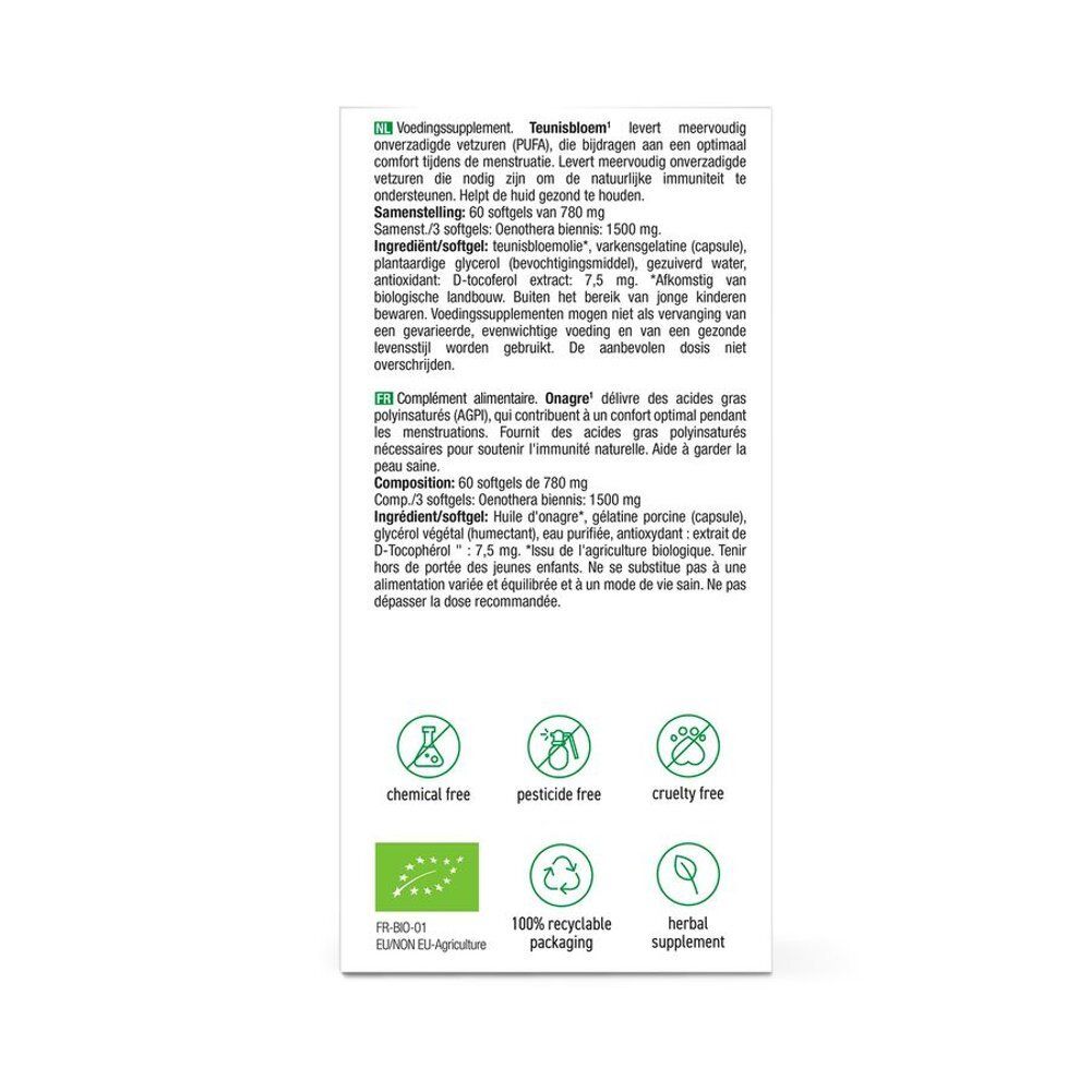 Dos de la boîte en carton. Texte en néerlandais et français. Contient des informations sur les ingrédients et les certifications.