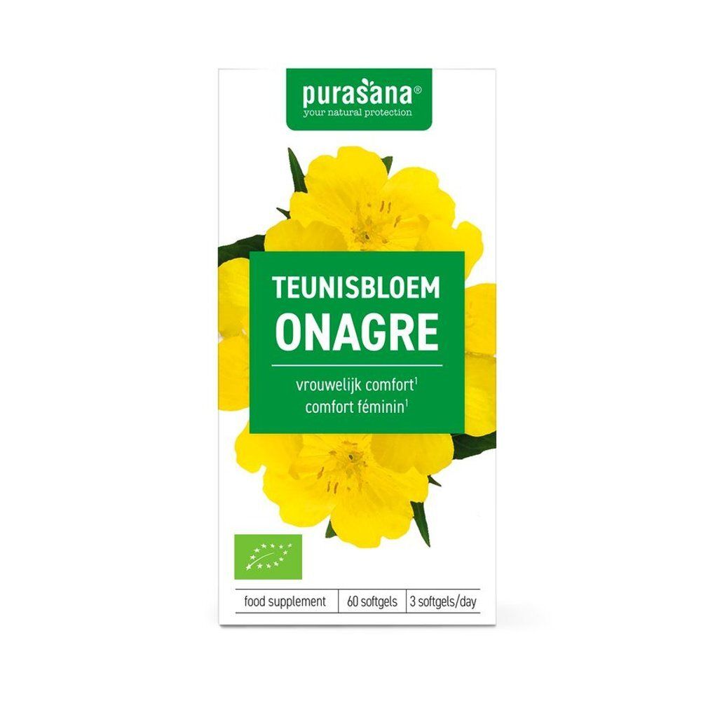 Kartonnen verpakking met gele bloemen en productnaam: Teunisbloem Onagre. Bio-certificering. 60 softgels, 3/dag.