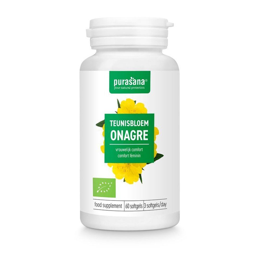 Flacon blanc de Purasana Onagre Bio. Inscription: Teunisbloem Onagre, 60 gélules, 3 gélules/jour. Label bio et image de fleurs jaunes.