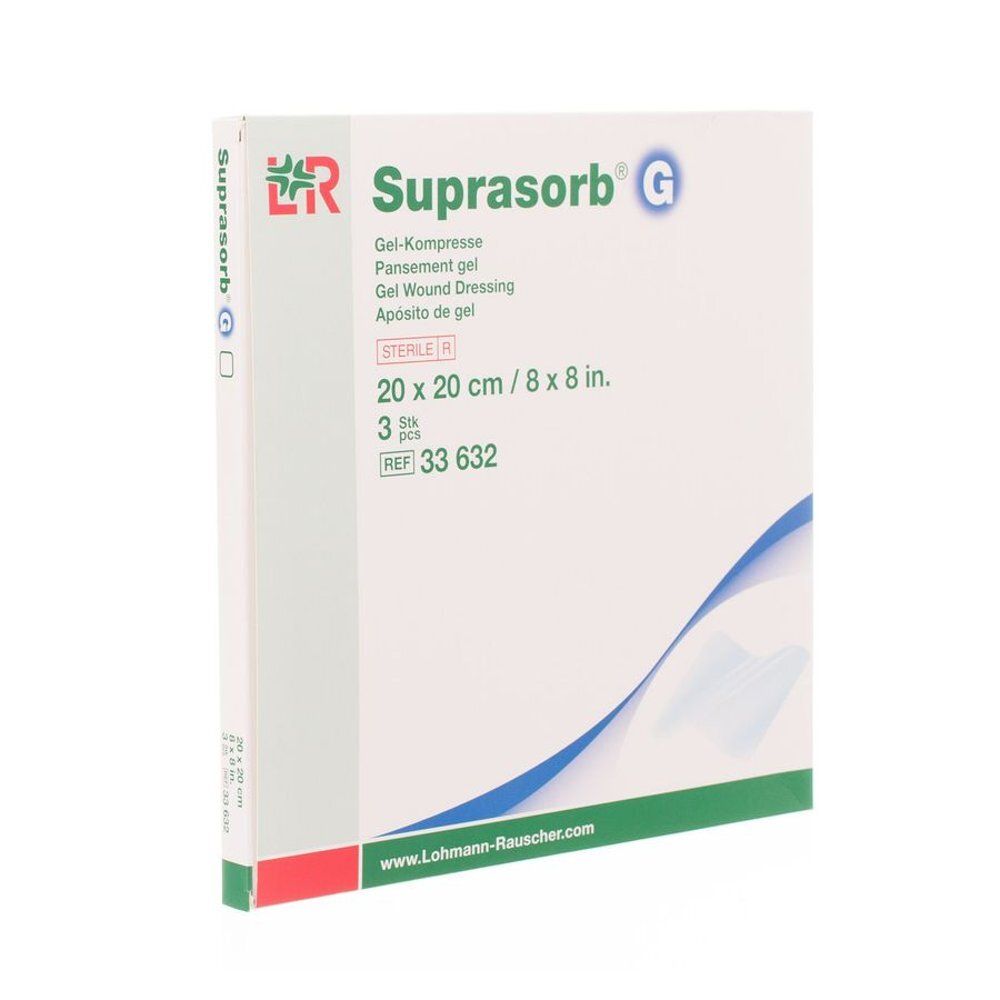 Boîte de compresse de gel Suprasorb G. Forme carrée, 20 x 20 cm. Informations produit et logo.