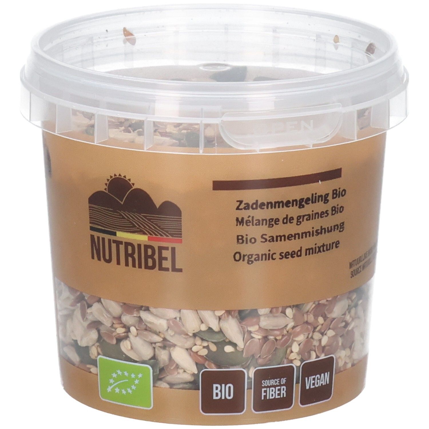 Pot de mélange de graines bio. Emballage transparent avec étiquette marron. Marque Nutribel, label bio, vegan.