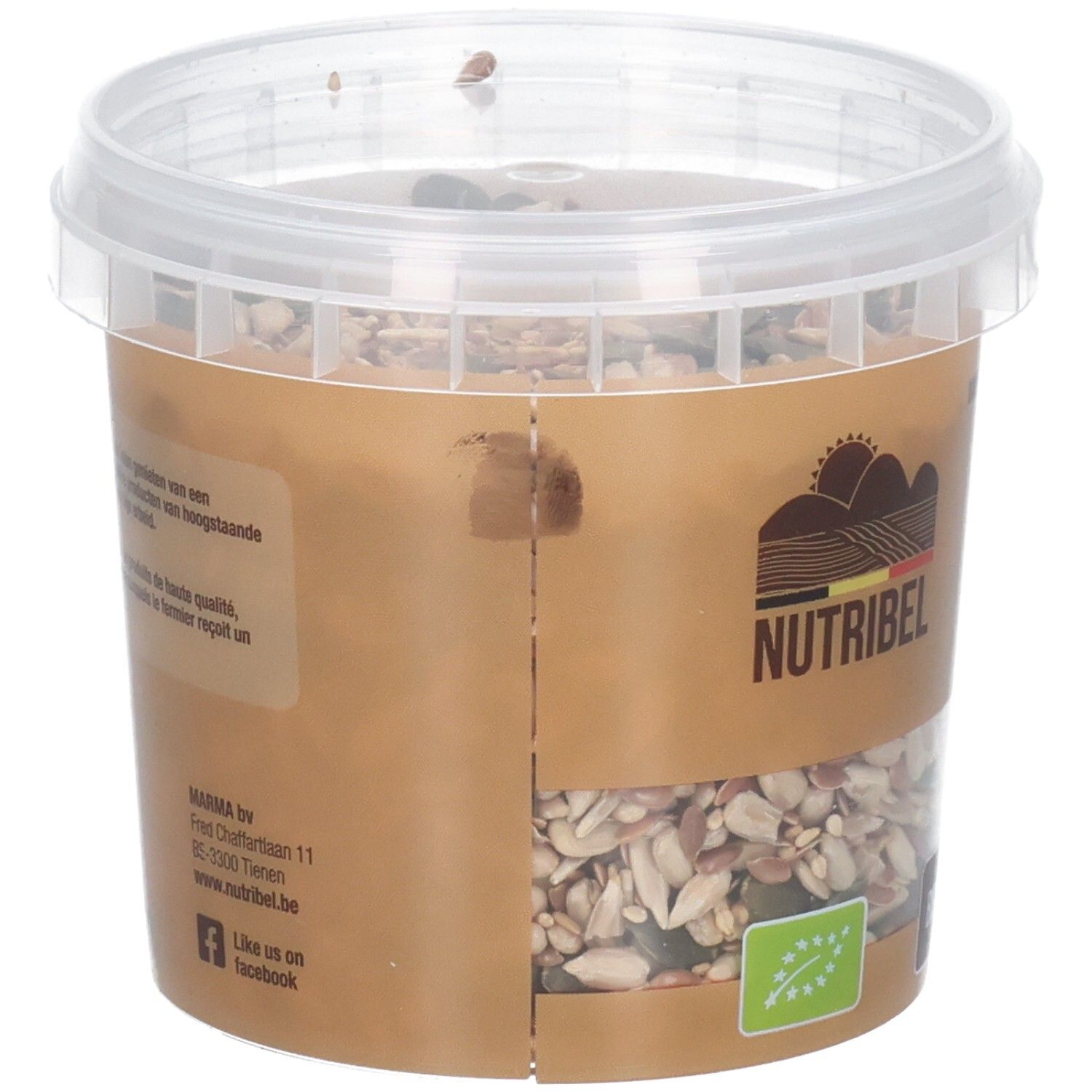 Dos du pot de mélange de graines. Étiquette marron avec texte. Marque Nutribel, label bio, vegan.