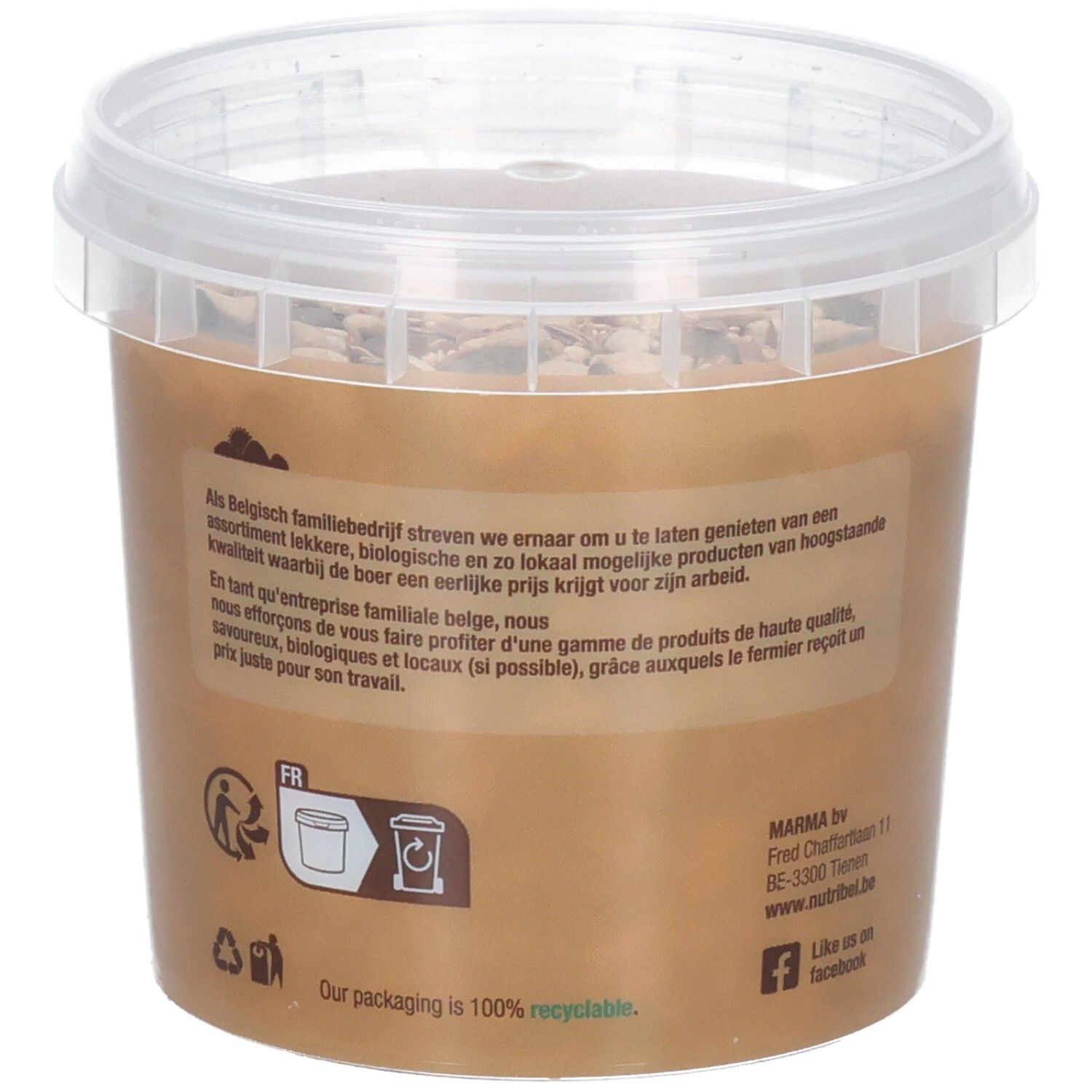 Dos du pot de mélange de graines. Étiquette marron avec texte. Symbole de recyclage.