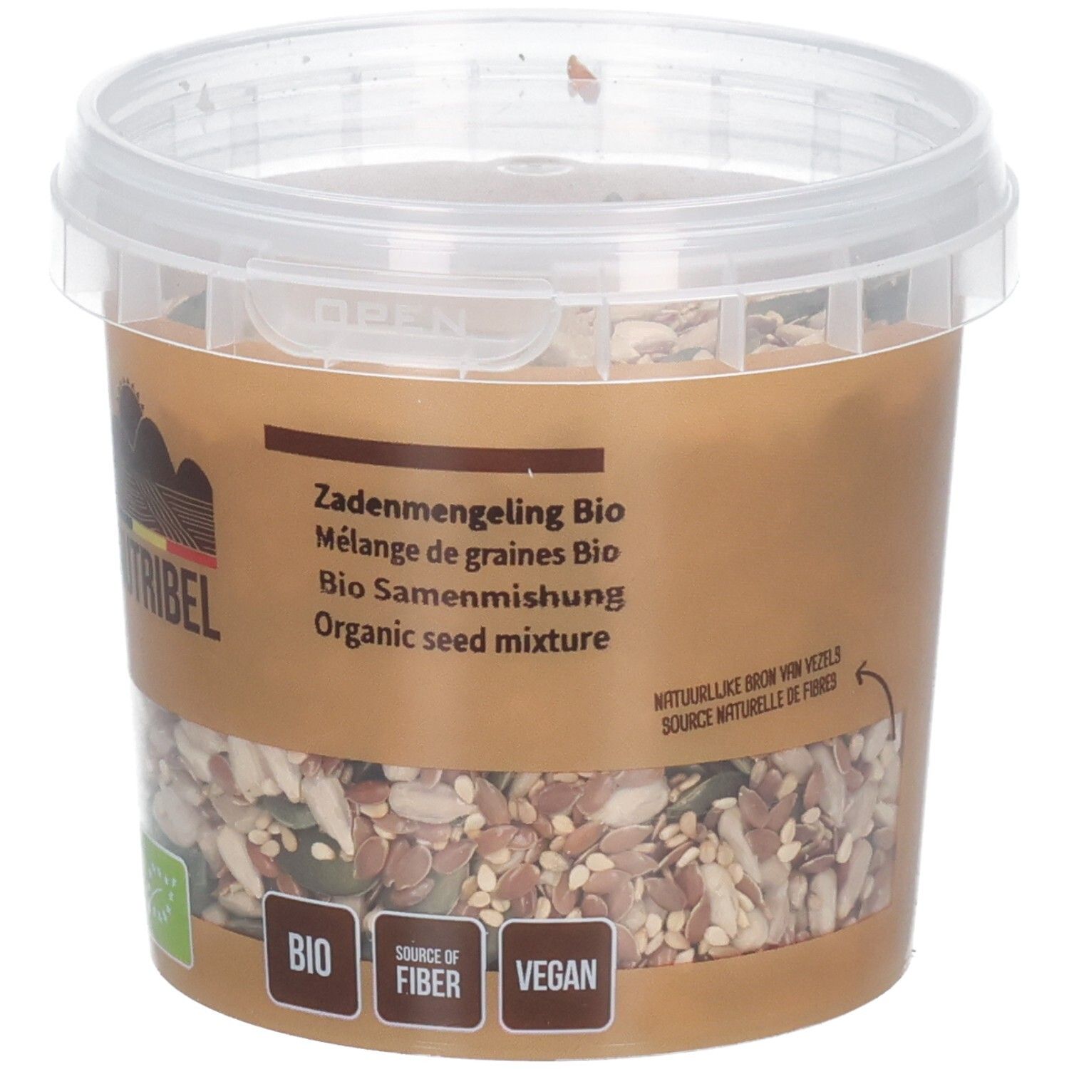 Pot de mélange de graines. Étiquette marron avec texte. Marque Nutribel, label bio, vegan.