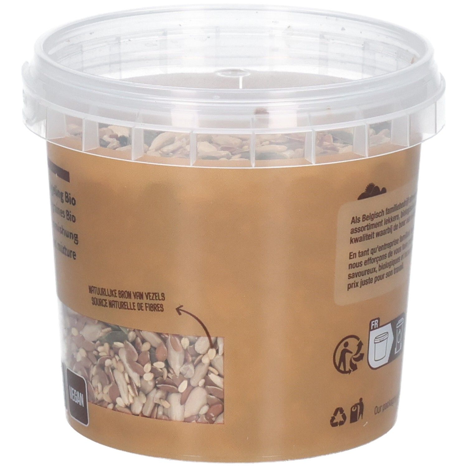 Dos du pot de mélange de graines. Étiquette marron avec texte. Label vegan, symbole de recyclage.