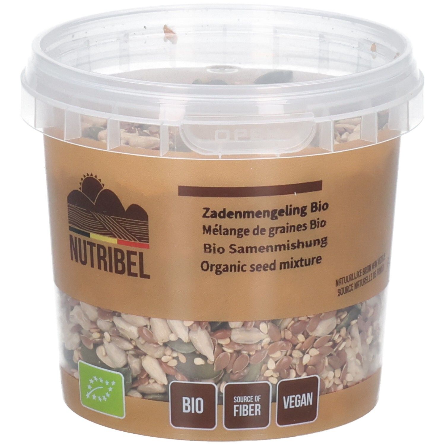 Pot de mélange de graines bio. Emballage transparent avec étiquette marron. Marque Nutribel, label bio, vegan.