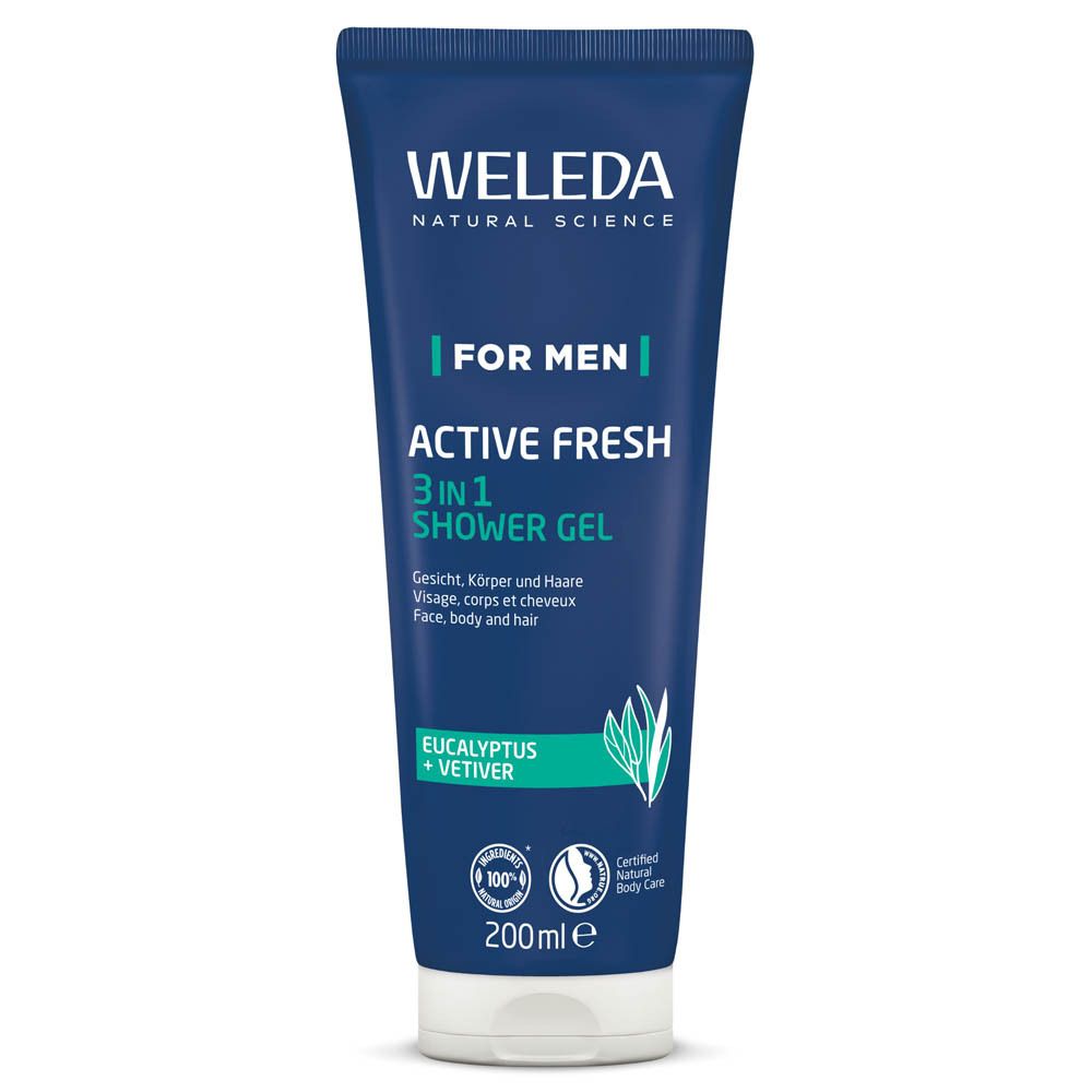 Blauwe tube met witte dop. Opschrift: WELEDA, FOR MEN, ACTIVE FRESH 3 in 1 Douchegel. Met bio-keurmerk.