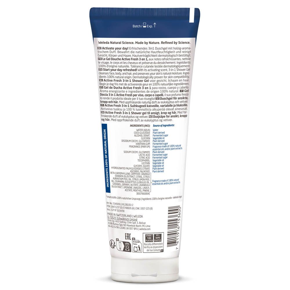 Achterkant van de tube. Ingrediënten, gebruiksaanwijzing en certificeringen.