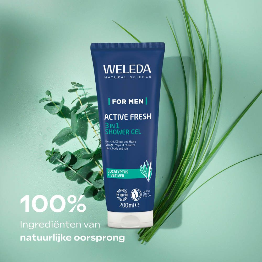 Blauwe tube met groene planten. Opschrift: WELEDA, FOR MEN, ACTIVE FRESH 3 in 1 Douchegel. Met bio-keurmerk.
