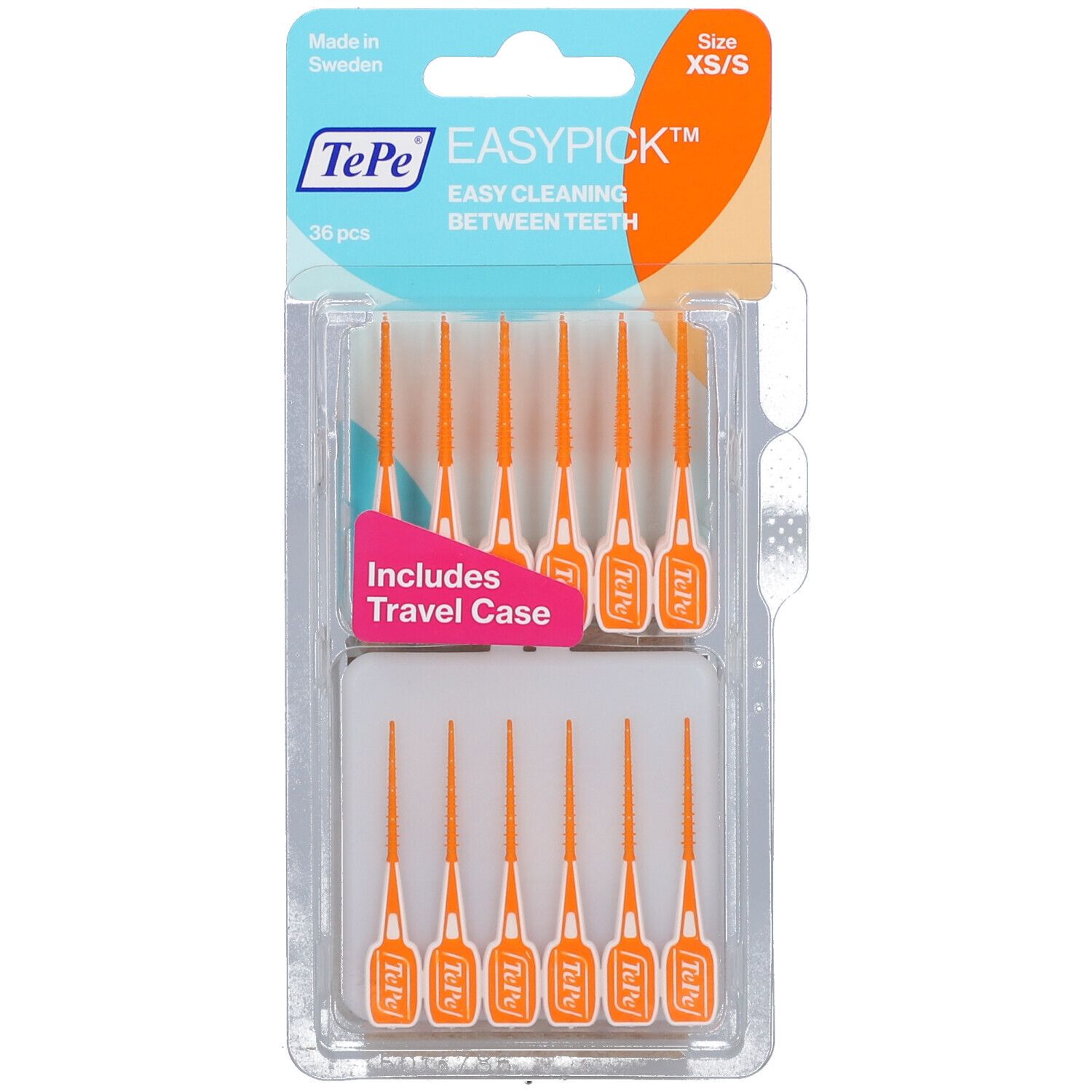 Interdentaires oranges en blister. Taille XS/S. Avec étui de voyage. Nettoyage facile entre les dents.