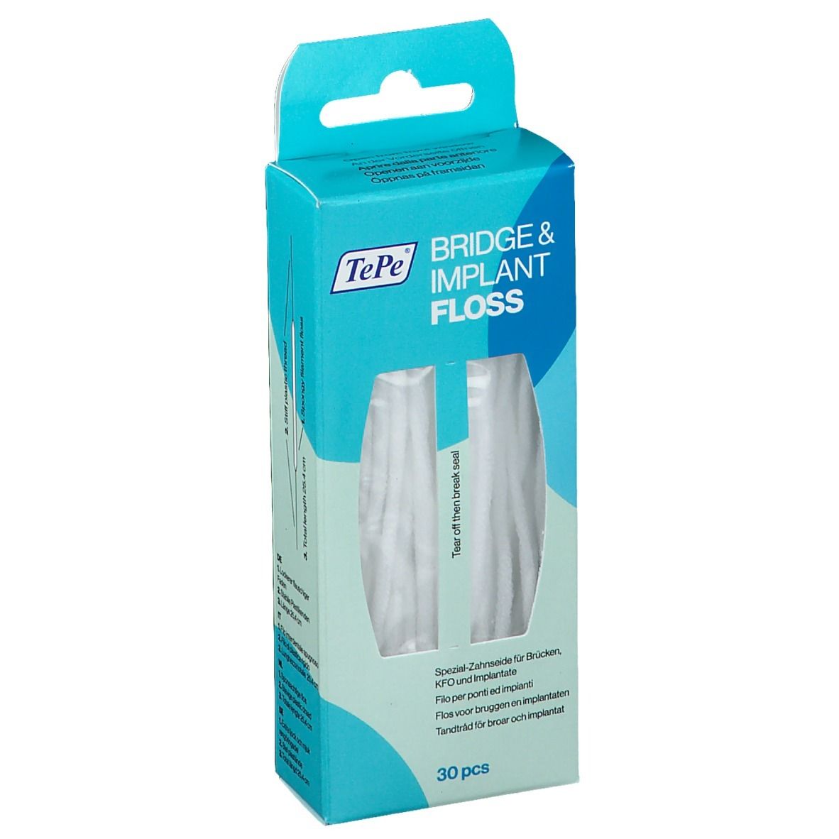 Verpakking van TePe® Bridge & Implant floss. Turquoise en witte doos met venster en productnaam.