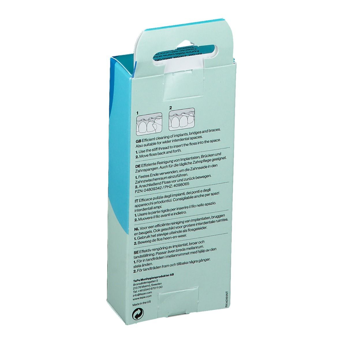 Achterkant van de TePe® Bridge & Implant floss verpakking. Turquoise en witte doos met gebruiksaanwijzing.