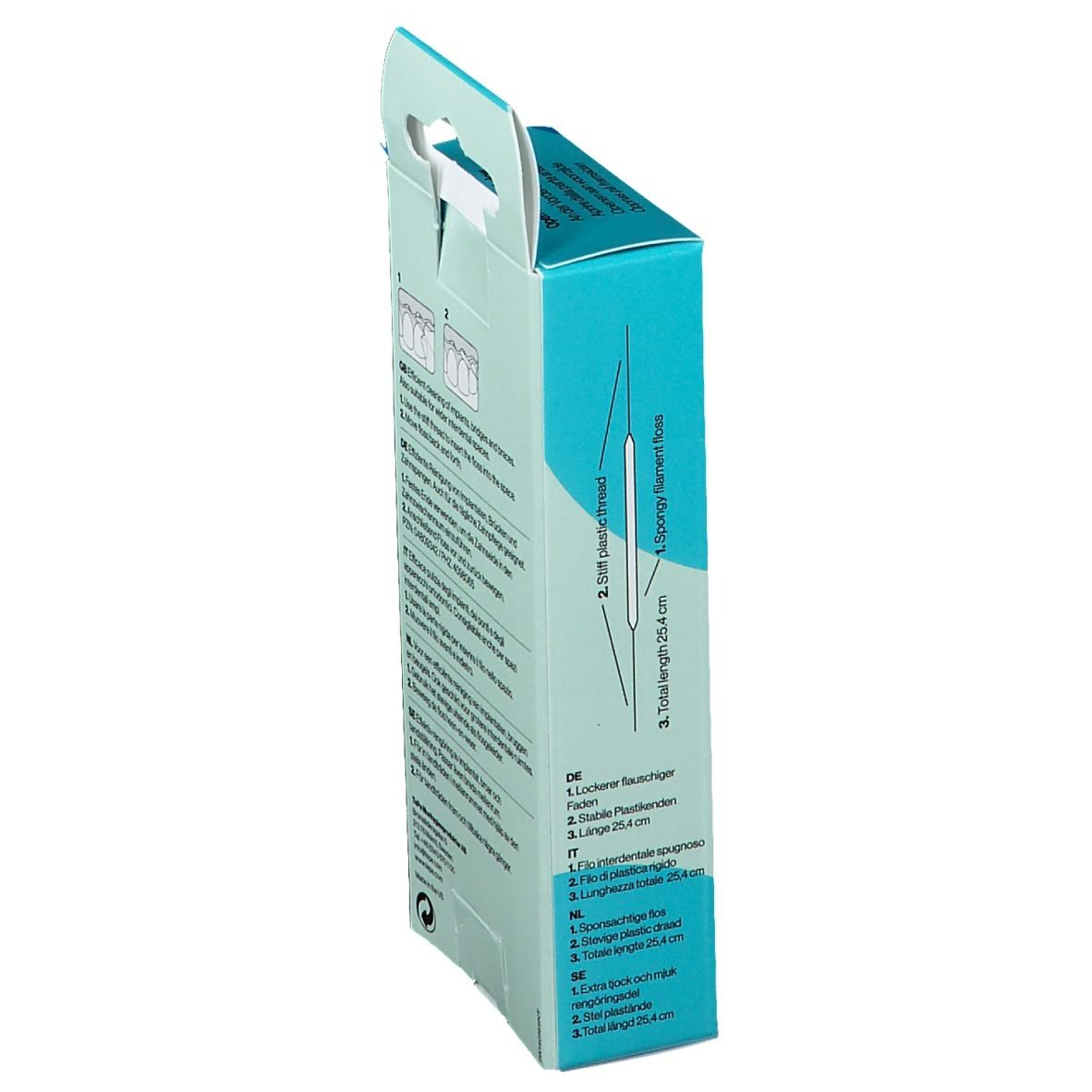Zijaanzicht van de TePe® Bridge & Implant floss verpakking. Turquoise en witte doos met productinformatie.