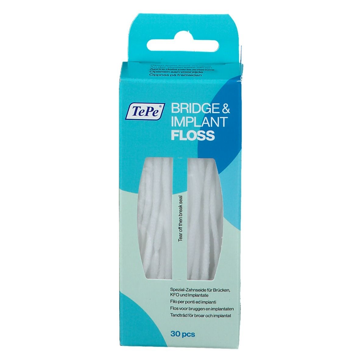 Verpakking van TePe® Bridge & Implant floss. Turquoise en witte doos met venster en productnaam.