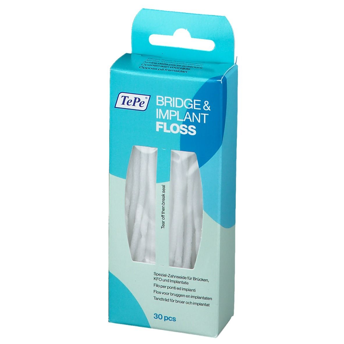 Verpakking van TePe® Bridge & Implant floss. Turquoise en witte doos met venster en productnaam.