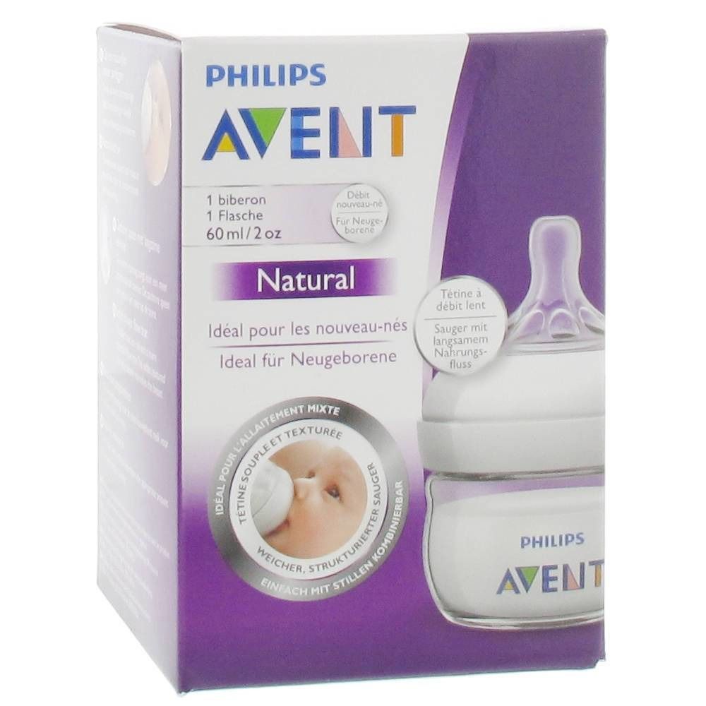 Boîte Philips AVENT Natural. Biberon et tétine visibles. Texte: 60 ml/2 oz, Natural, Idéal pour les nouveau-nés.
