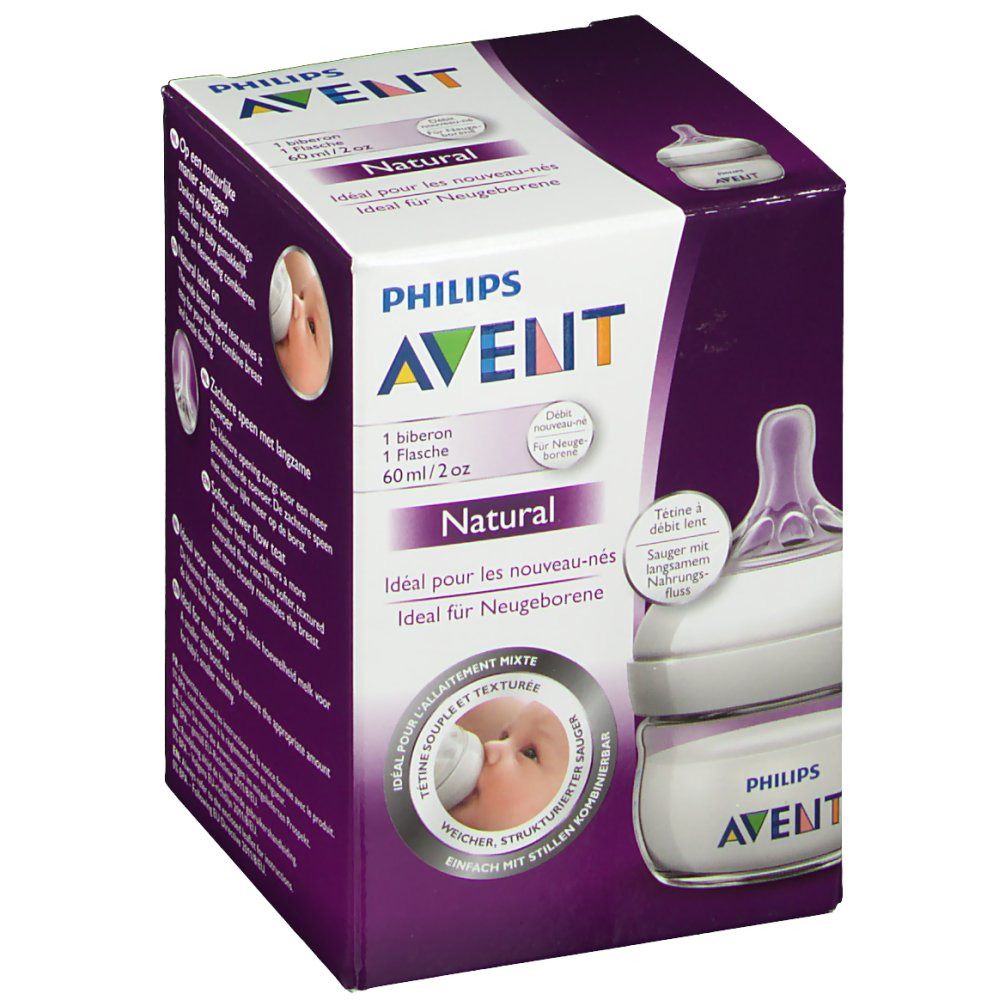 Boîte Philips AVENT Natural. Biberon et tétine visibles. Texte: 60 ml/2 oz, Natural, Idéal pour les nouveau-nés.