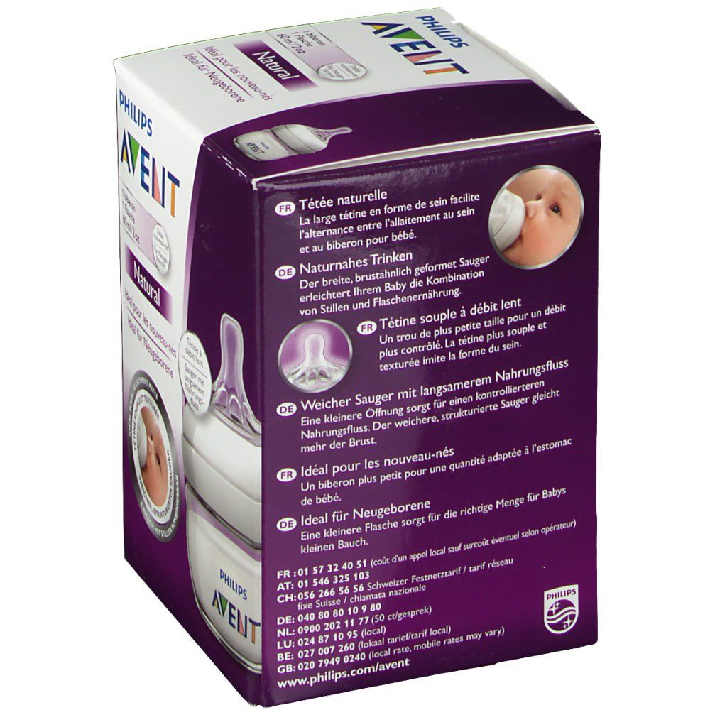Dos de la boîte Philips AVENT Natural. Texte: Tétée naturelle, Tétine souple, Idéal pour les nouveau-nés.