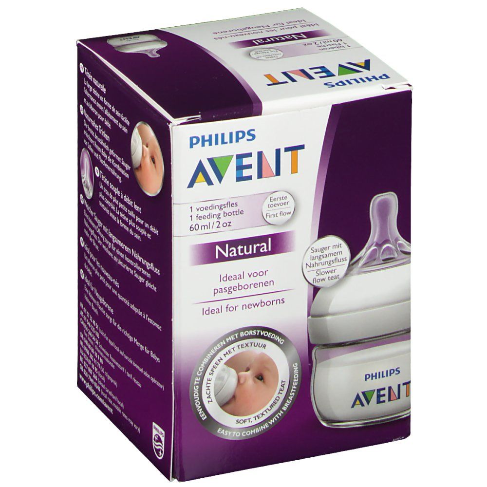 Boîte Philips AVENT Natural. Biberon et tétine visibles. Texte: 60 ml/2 oz, Natural, Idéal pour les nouveau-nés.