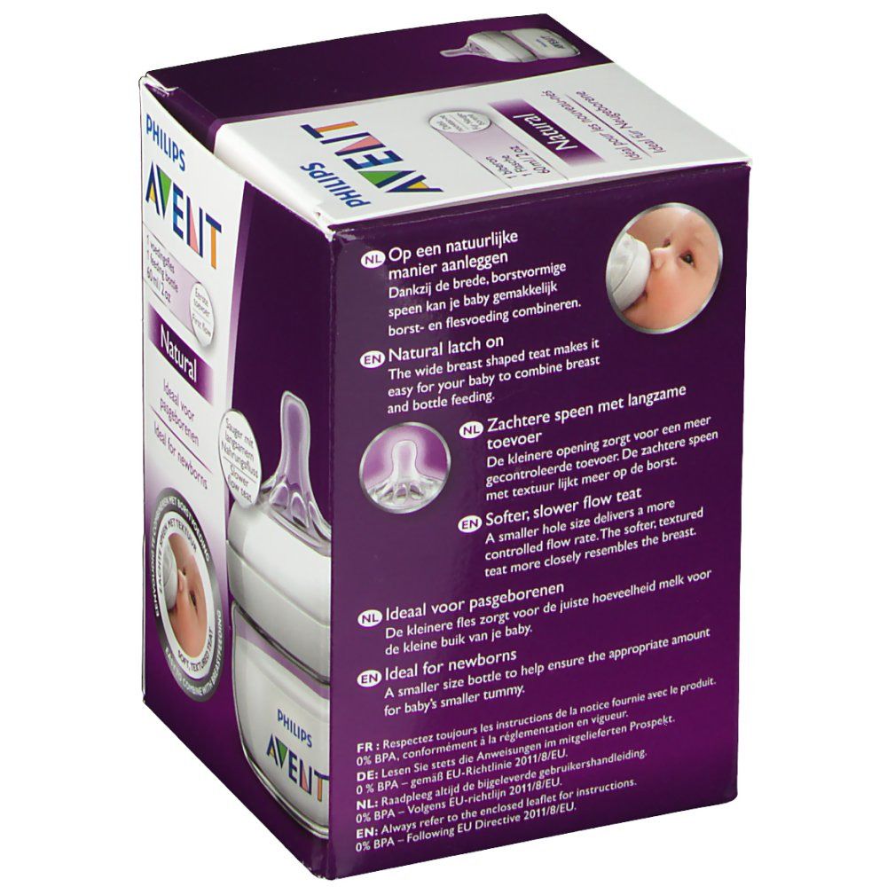 Dos de la boîte Philips AVENT Natural. Texte: Natural, Tétine souple, Idéal pour les nouveau-nés.