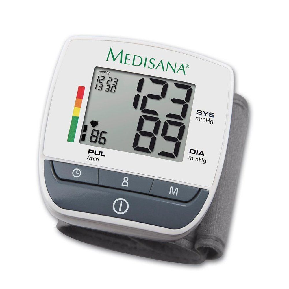 Polsbloeddrukmeter. Digitale display met waarden en kleurenschaal. Merk: Medisana.