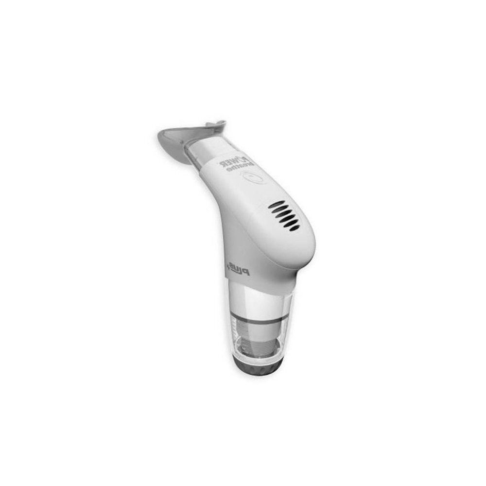 Appareil d'entraînement respiratoire blanc, ergonomique. Avec embout buccal, fentes d'aération et réservoir transparent.