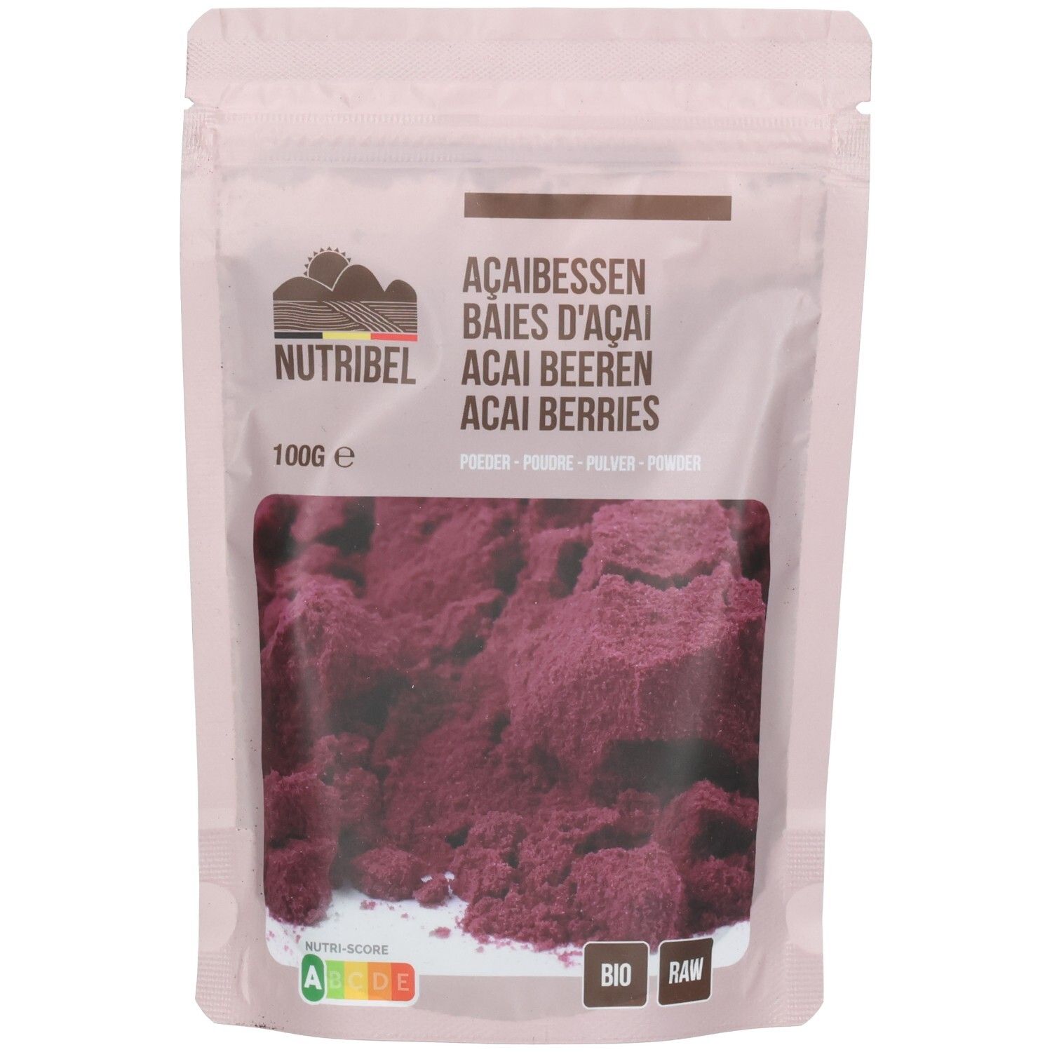 Sachet de poudre. Fenêtre transparente révélant poudre violette. Inscriptions: Nutribel, Baies d'açaï, Bio, Raw, 100g.
