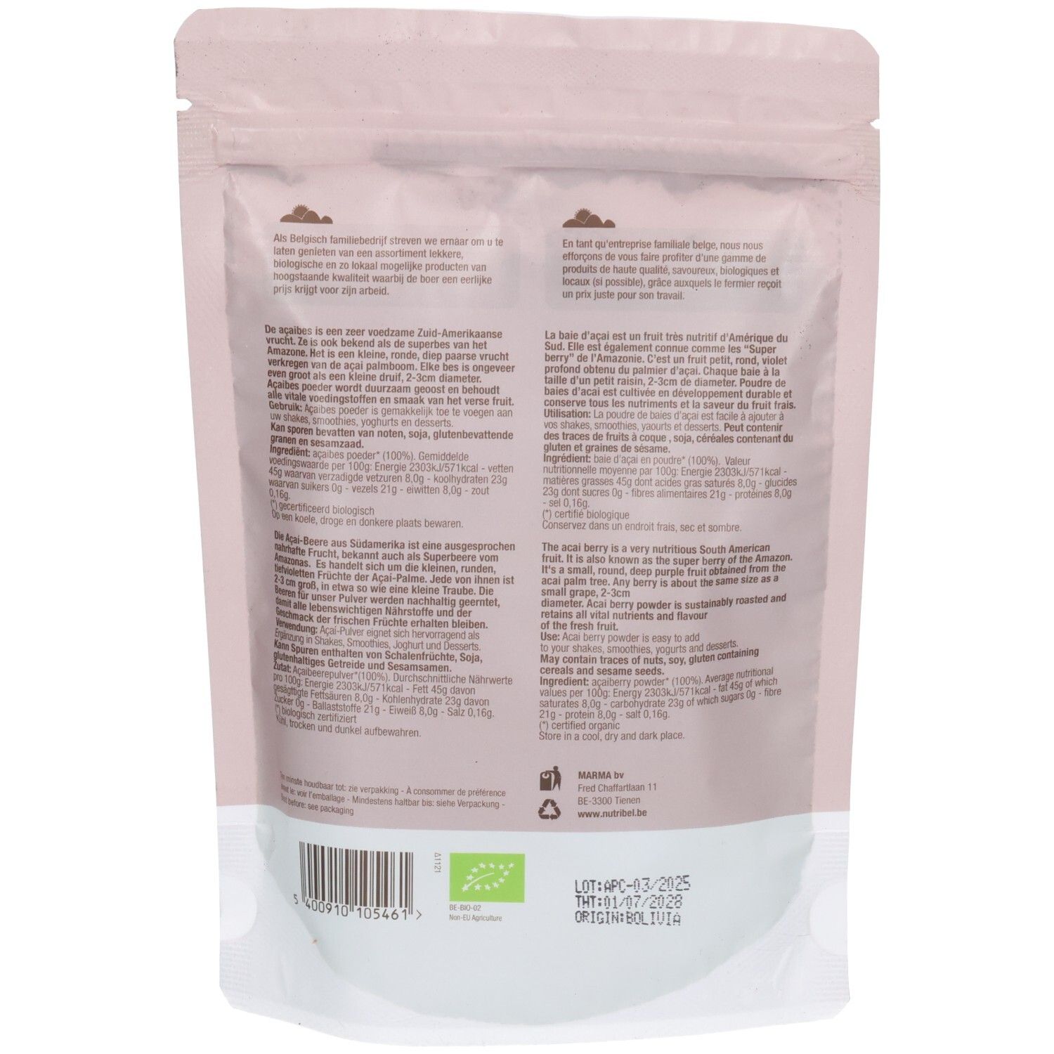 Dos du sachet. Texte multilingue. Label Bio. Informations nutritionnelles et ingrédients.