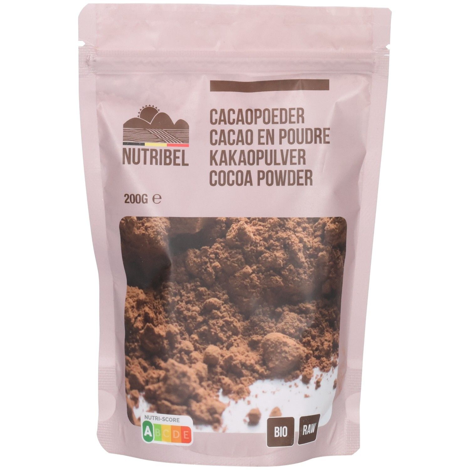 Sachet de poudre de cacao marron. Inscriptions: Cacaopoeder, Cacao en Poudre, Kakaopulver, Cocoa Powder. 200g. Bio et Raw.