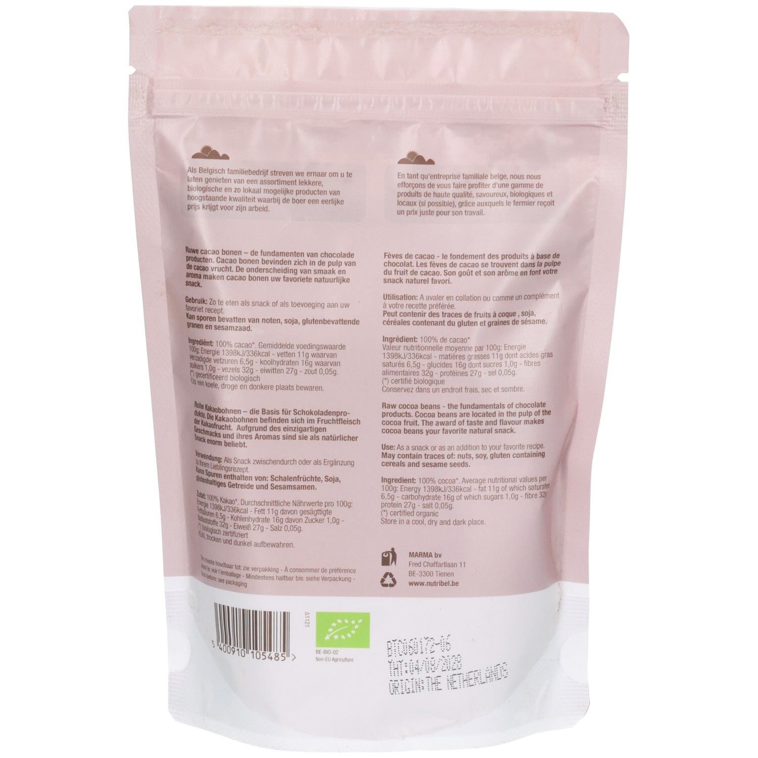 Dos du sachet avec texte. Label bio. Texte en allemand, français, néerlandais et anglais. Date de péremption et origine.