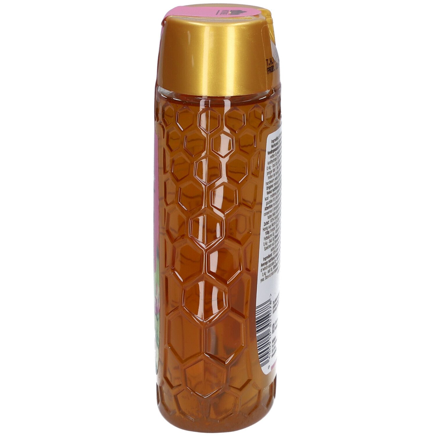 Flacon de miel cylindrique avec motif en nid d'abeilles. Étiquette rose et bouchon doré. Informations sur le produit.
