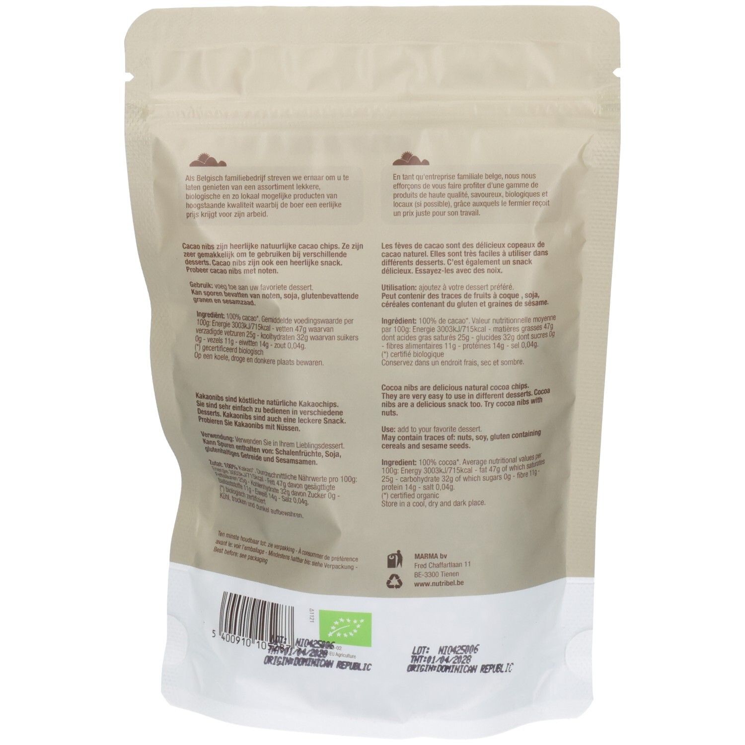 Dos du sachet avec texte. Contient des informations sur les ingrédients et la valeur nutritionnelle. Label Bio.