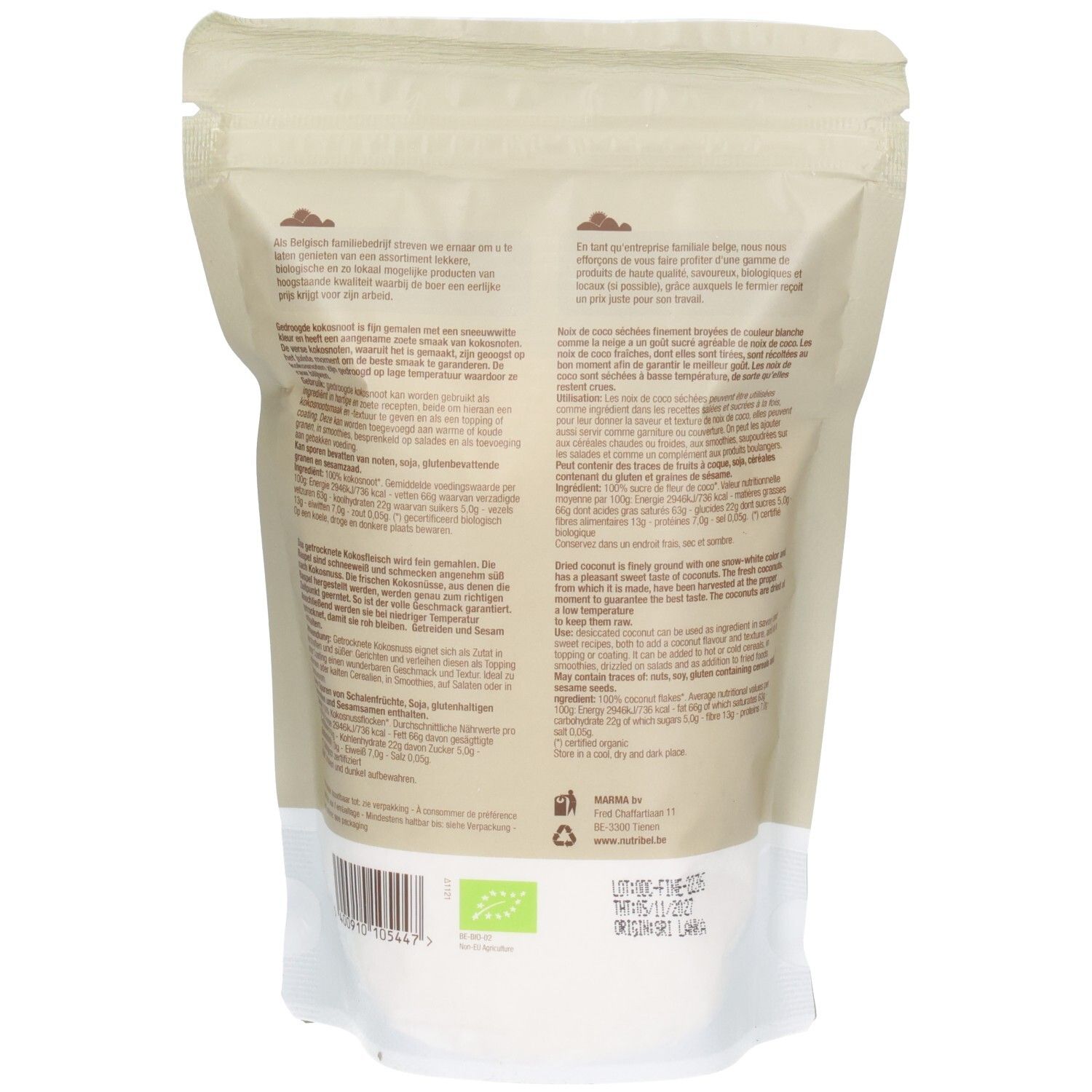 Dos du sachet avec texte. Certification bio et date de péremption. Partie inférieure blanche.