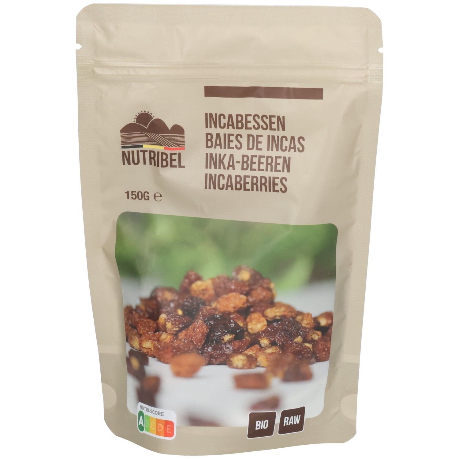 Zakje met Inca bessen. Transparant venster met product zichtbaar. Opschrift: Nutribel, 150g, Bio, Raw.