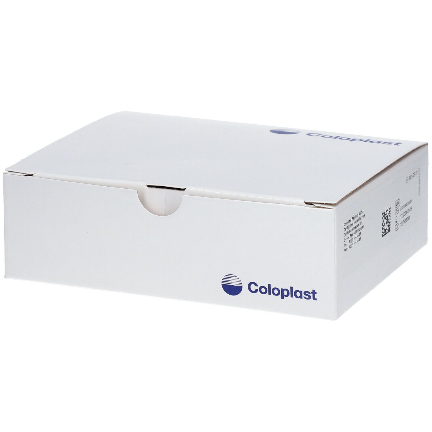 Emballage en carton blanc avec logo Coloplast. L'emballage est fermé.