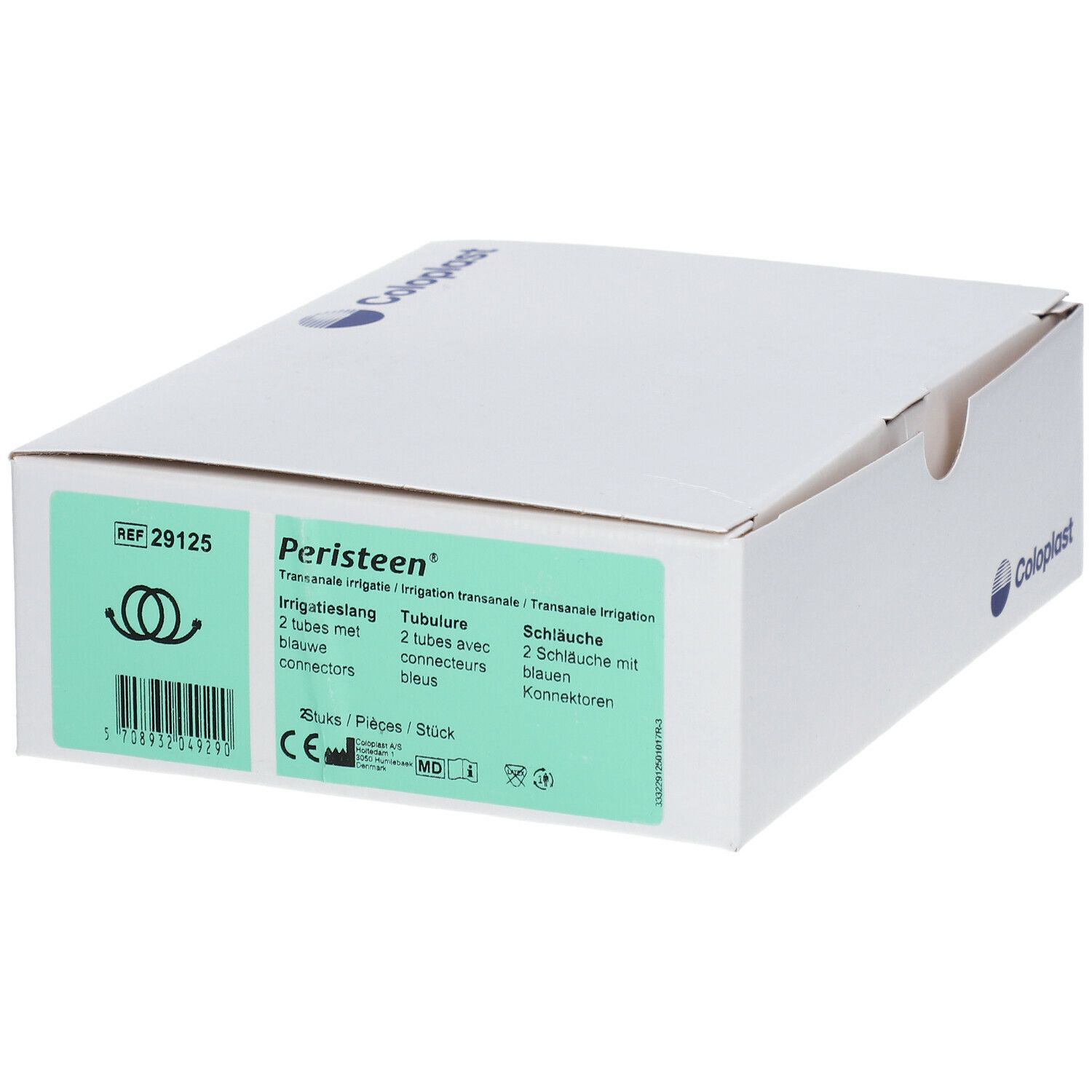 Emballage en carton blanc avec informations produit. Texte: Peristeen, 29125, 2 tubes avec connecteurs bleus.