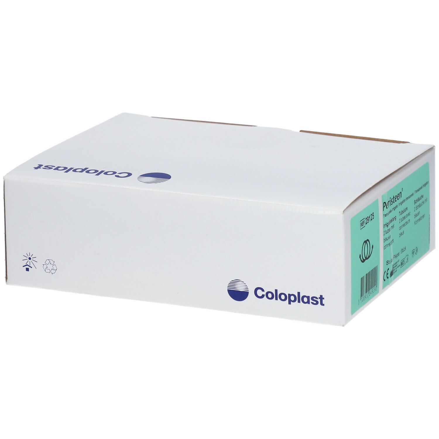 Emballage en carton blanc avec logo Coloplast et informations produit. L'emballage est fermé.