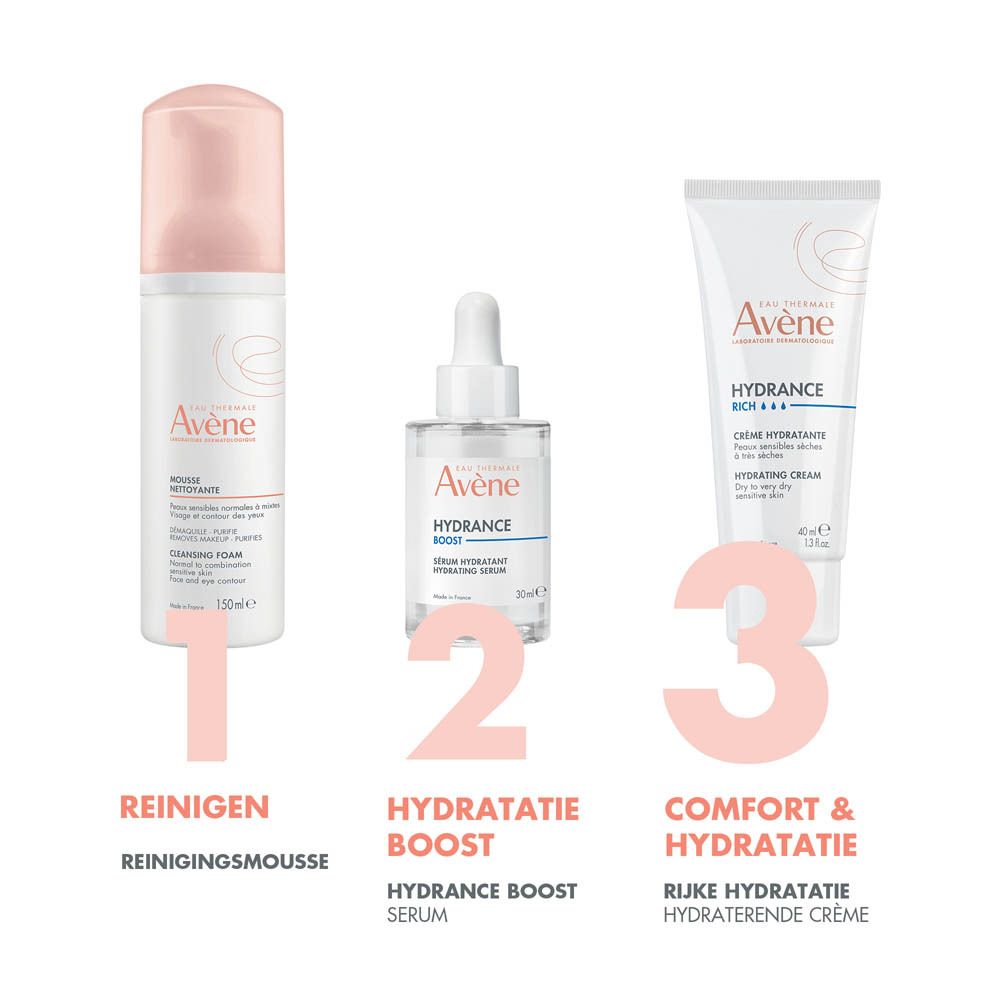 Reinigingsmousse, serum en crème. Avène-producten. Reinigen, boost, hydrateren. Huidverzorging.