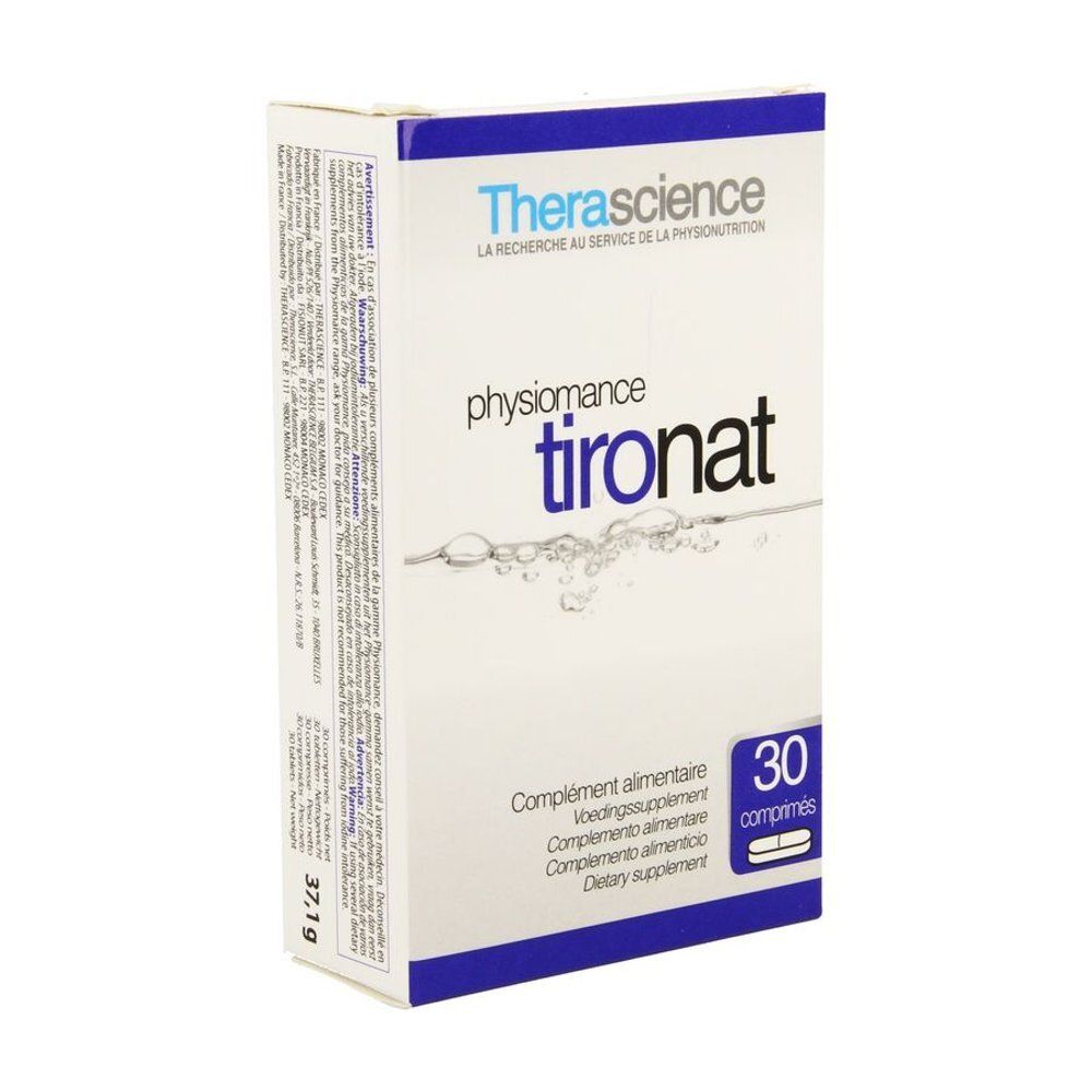 Doosje Physiomance Tironat, merk Therascience. Bevat 30 tabletten. Meertalige opschriften. Witte achtergrond, blauwe details.