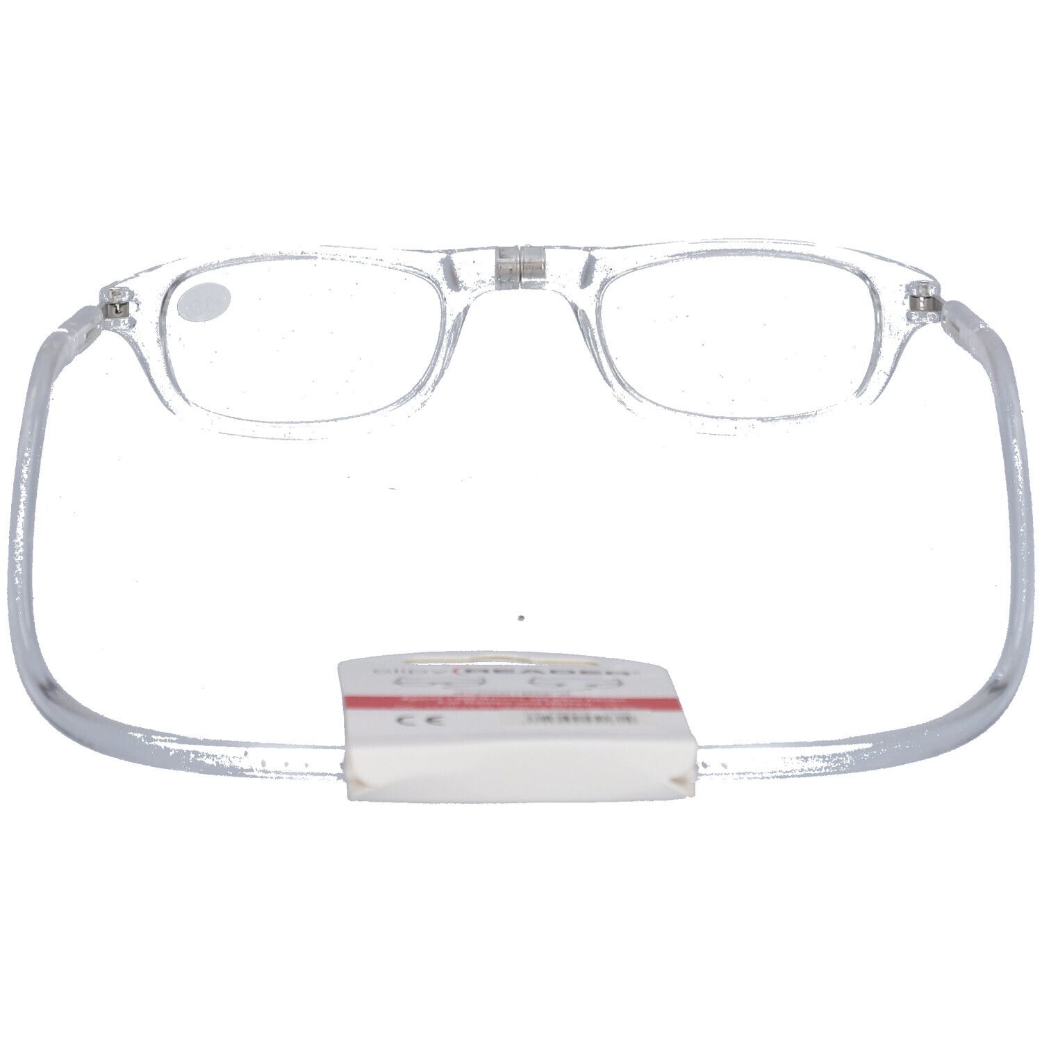 Transparante bril met +3,50 op het linkerglaasje. Een label is bevestigd.