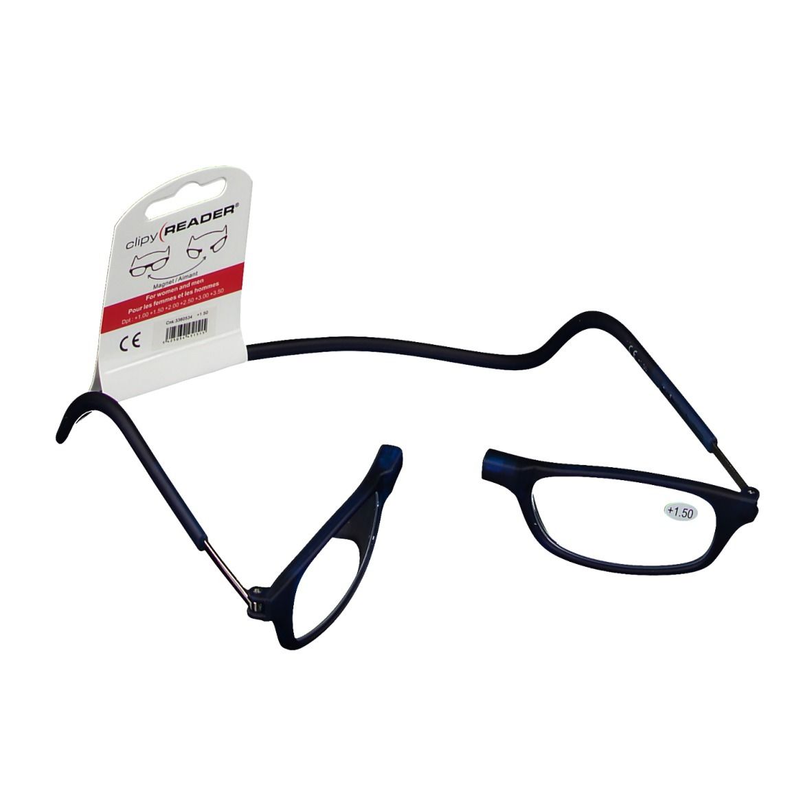 Blauwe leesbril +1,50, gesplitst ontwerp, zwarte nekband, verpakking met CE-markering.
