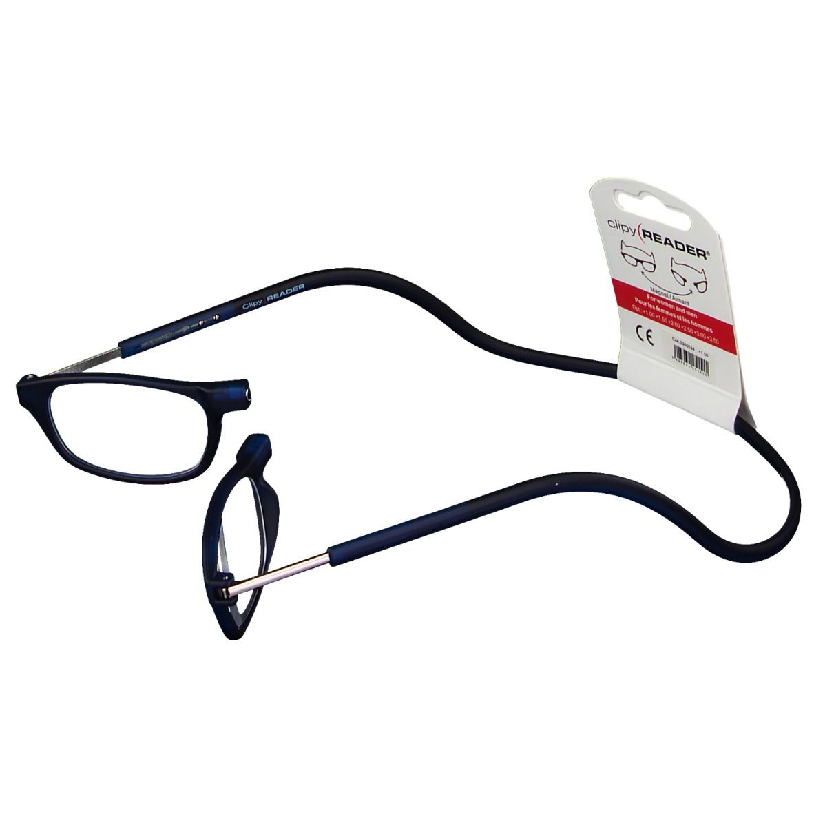 Blauwe leesbril +1,50, gesplitst ontwerp, zwarte nekband, verpakking met CE-markering.