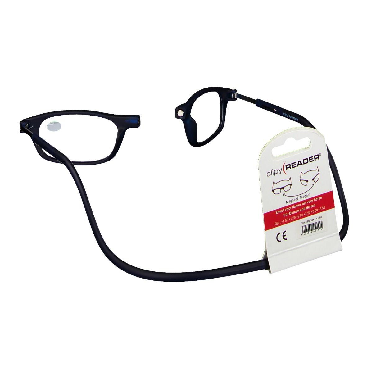 Zwarte leesbril +1,50, gesplitst ontwerp, zwarte nekband, verpakking met CE-markering.