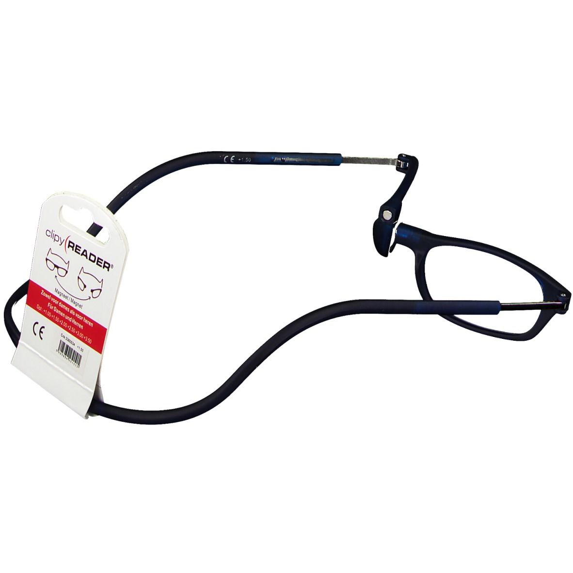 Blauwe leesbril +1,50, gesplitst ontwerp, zwarte nekband, verpakking met CE-markering.