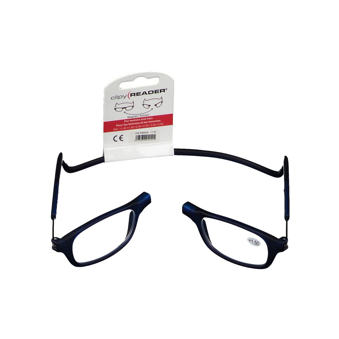 Blauwe leesbril +1,50, gesplitst ontwerp, zwarte nekband, verpakking met CE-markering.