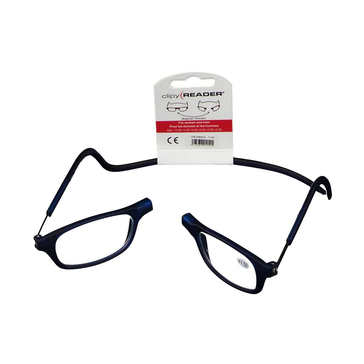 Blauwe leesbril +1,50, gesplitst ontwerp, zwarte nekband, verpakking met CE-markering.