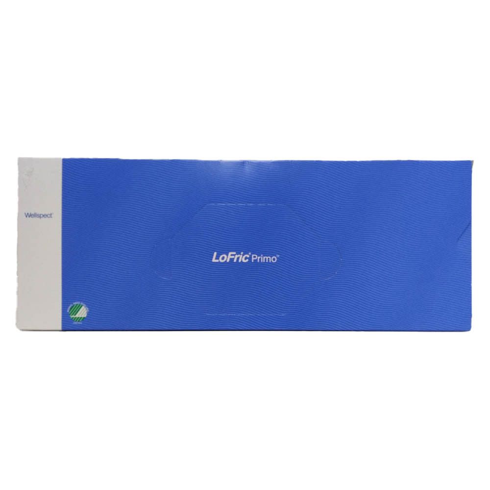 Blauwe individuele verpakking met "Lofric Primo". Witte strook links. Groen symbool.